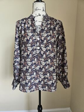 J.Mclaughlin Bird Blouse Womens M Silk Blend Long Sleeve